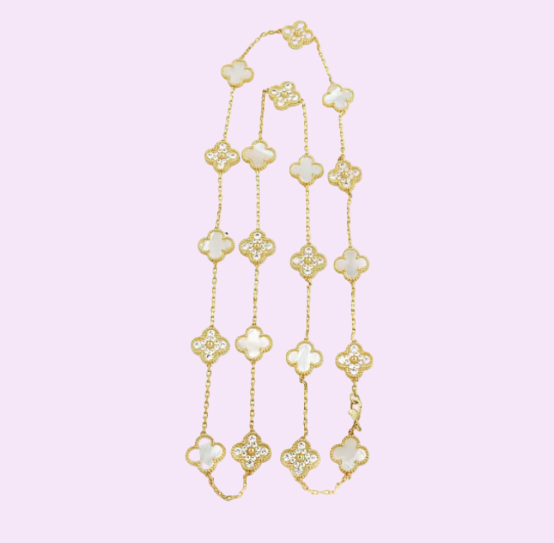 Sautoir Trèfles de Lune – 20 Motifs Blancs & Zircons